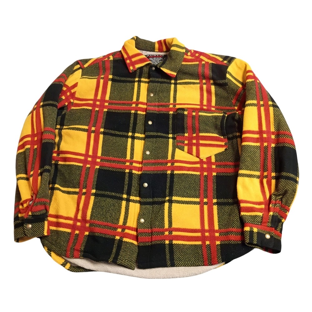 Rustic Outfitters Flannel Shirt Jacket Mens L Yellow Plaid Sherpa Lined Warm